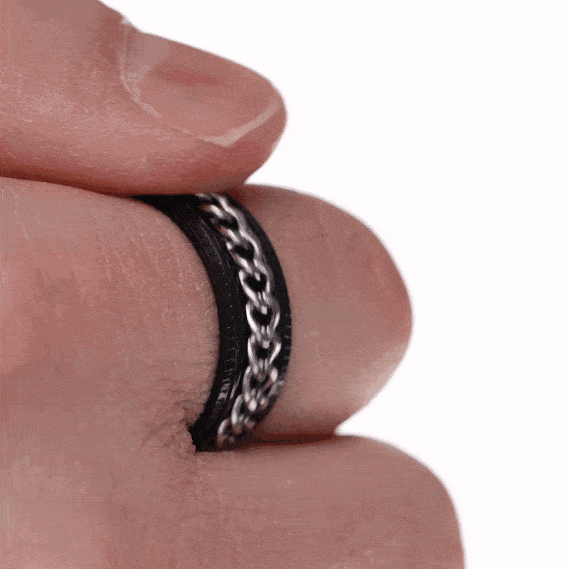 Zwart-zilveren spinnerring met draaibare ketting (316L-staal)