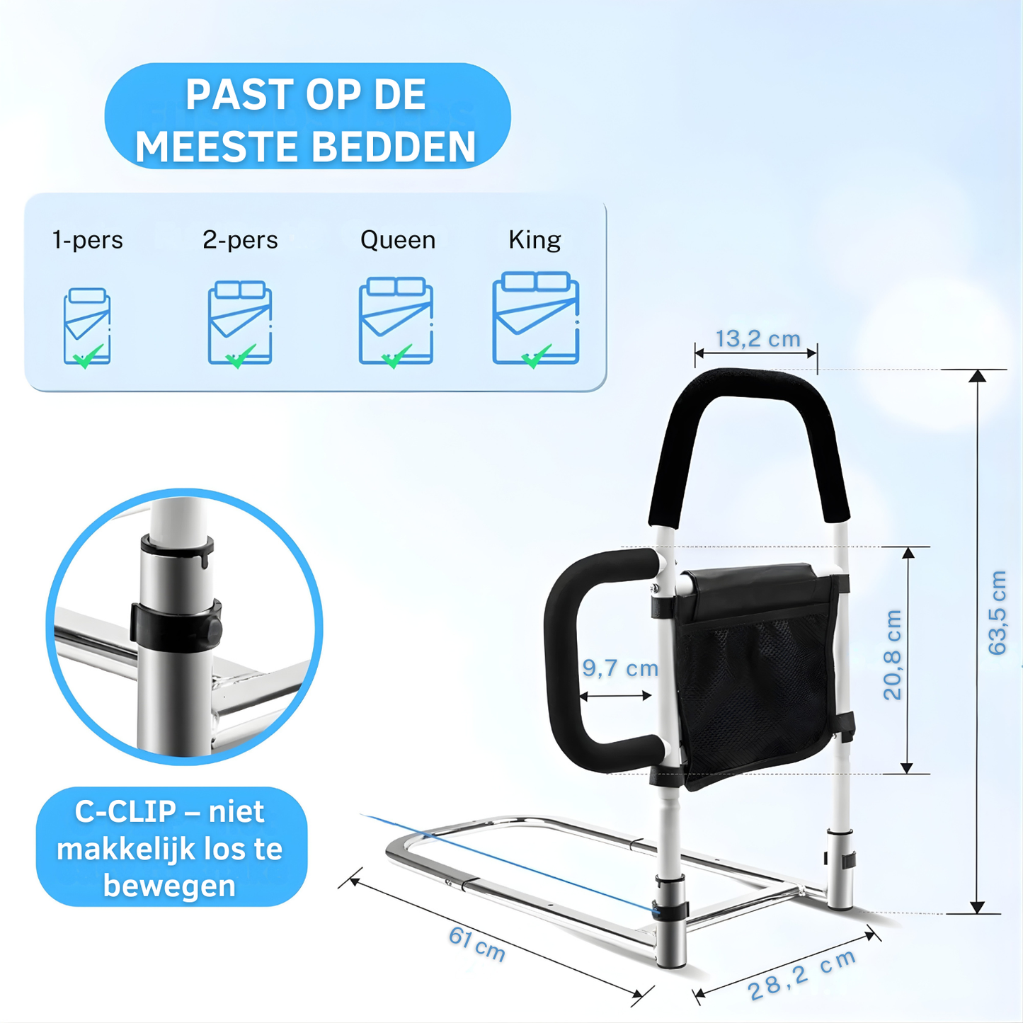 GripBuddy | Stevige Bedrail - Bedbeugel met Armsteun & Opbergvak voor Veilig In- en Uitstappen