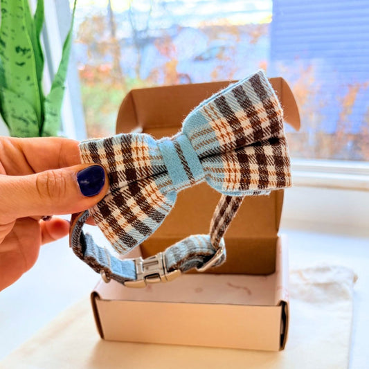 DapperPaws | Hondenhalsband met vlinderdas - Blauw teddyruit