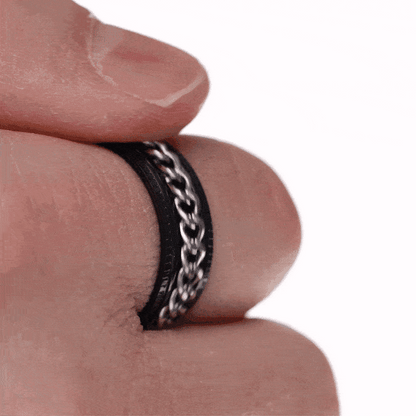 Zwart-zilveren spinnerring met draaibare ketting (316L-staal)