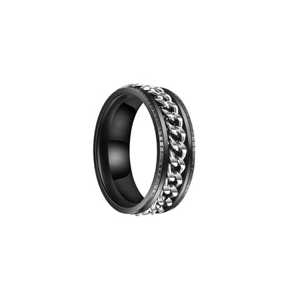 Zwart-zilveren spinnerring met draaibare ketting (316L-staal)