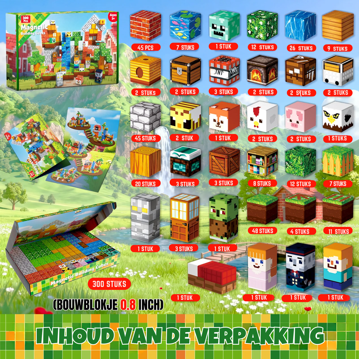 Graslandplezier - Magnetische Bouwtegels STEM Speelgoed | 2025 Dorpscollectie | 100–300 stuks | 2cm