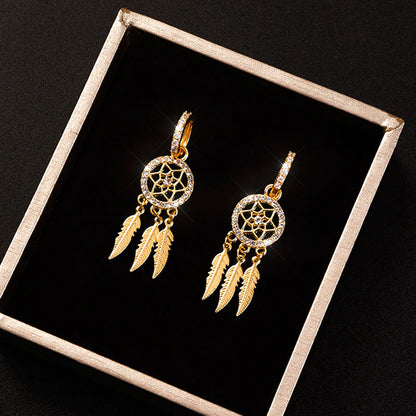 Dreamcatcher oorbellen verguld met 14 karaat goud