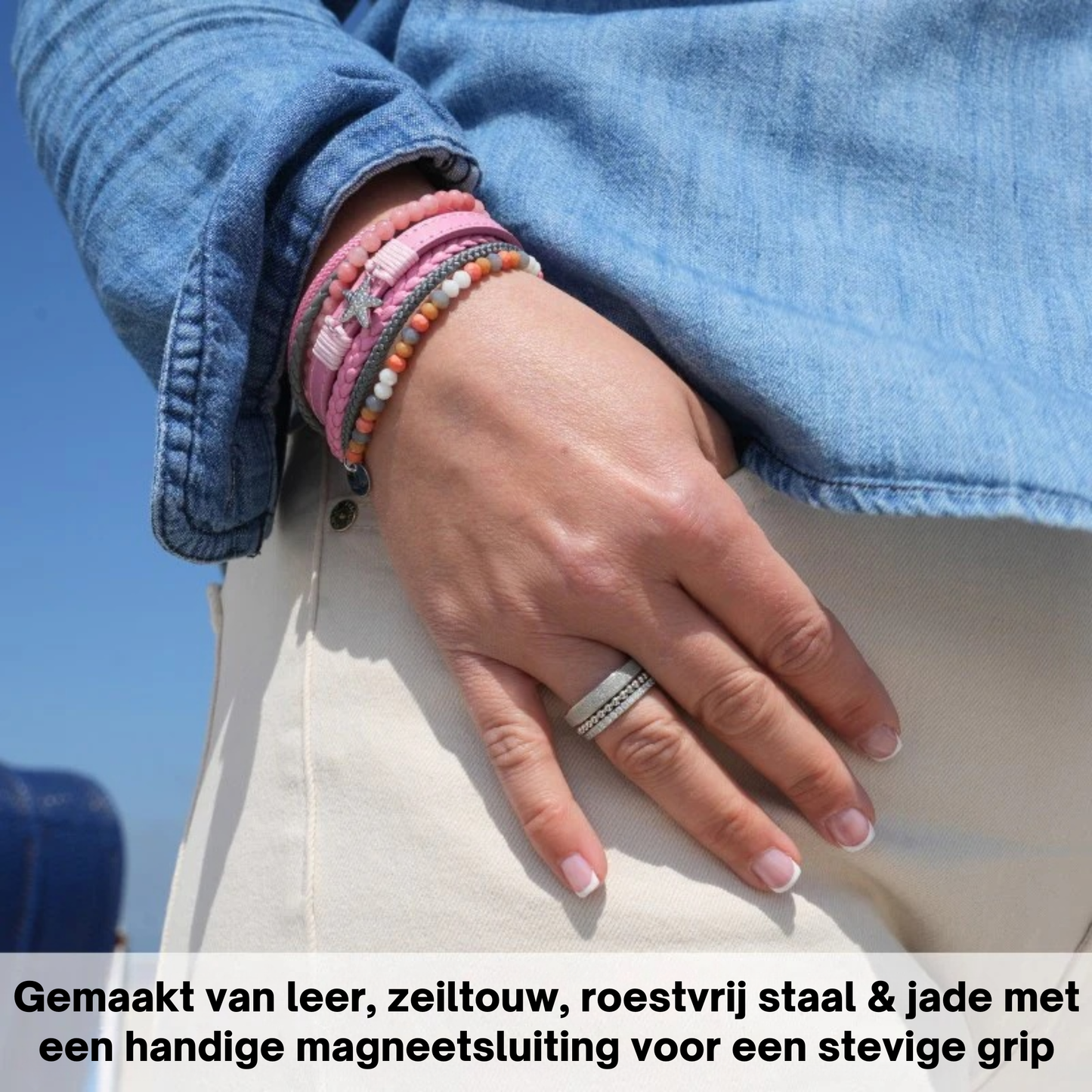 Armband Zeester | zeiltouw, leer & roze jade