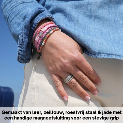 Armband Zeester | zeiltouw, leer & roze jade
