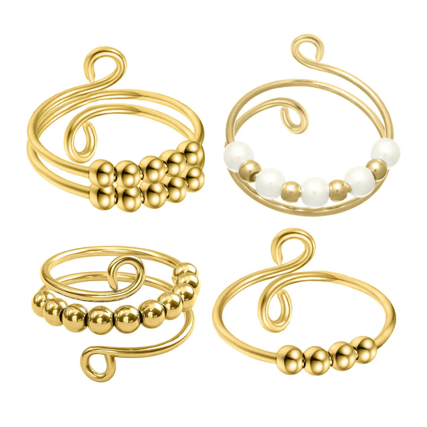 Draaiende kralen anti-stress ring 4-delige gouden set (316L staal)