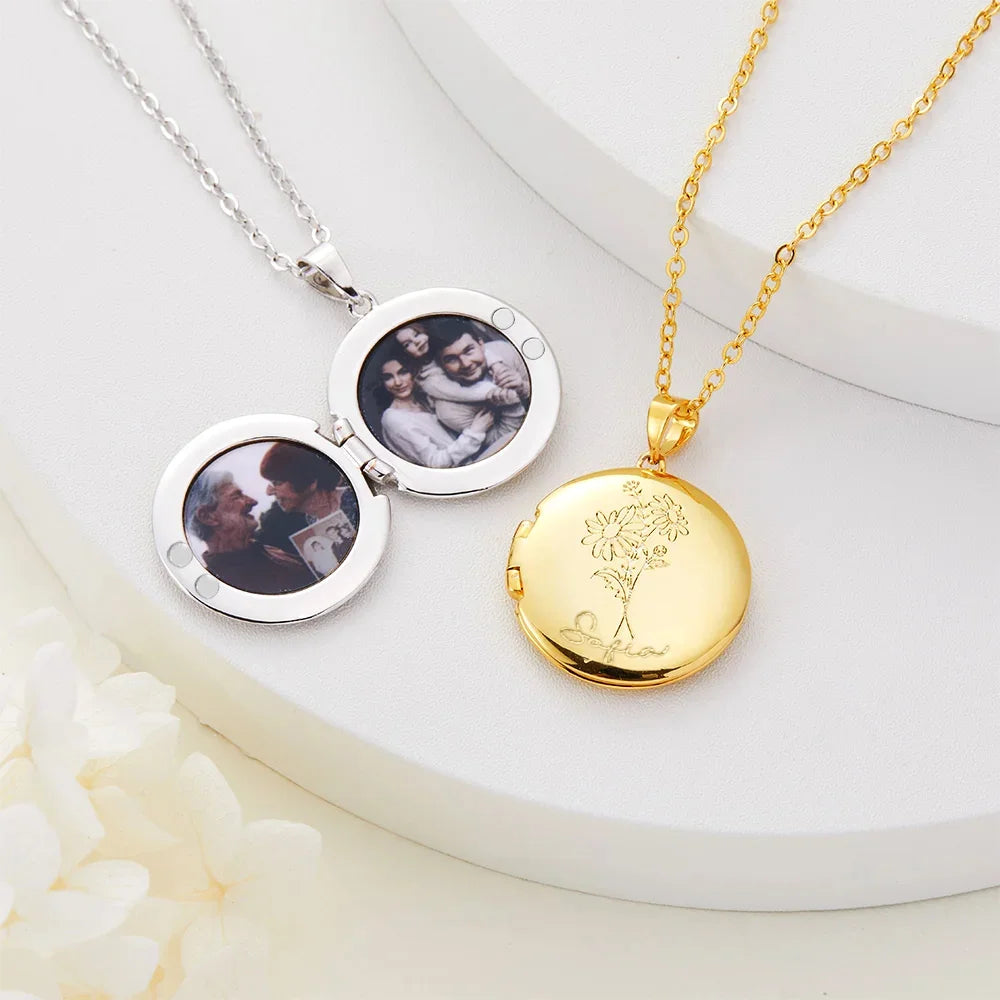 Gepersonaliseerde Geboortebloem Foto Medaillon Ketting – Gegraveerde Naam, Perfect Verjaardag of Jubileumcadeau