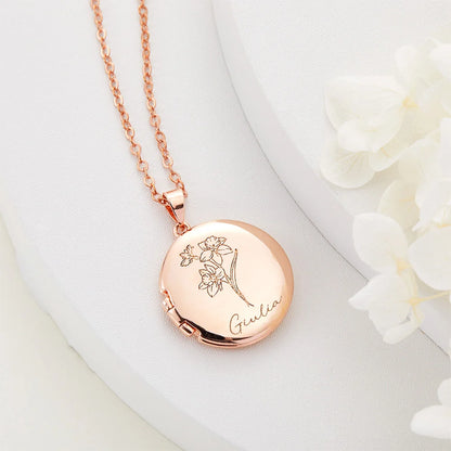 Gepersonaliseerde Geboortebloem Foto Medaillon Ketting – Gegraveerde Naam, Perfect Verjaardag of Jubileumcadeau