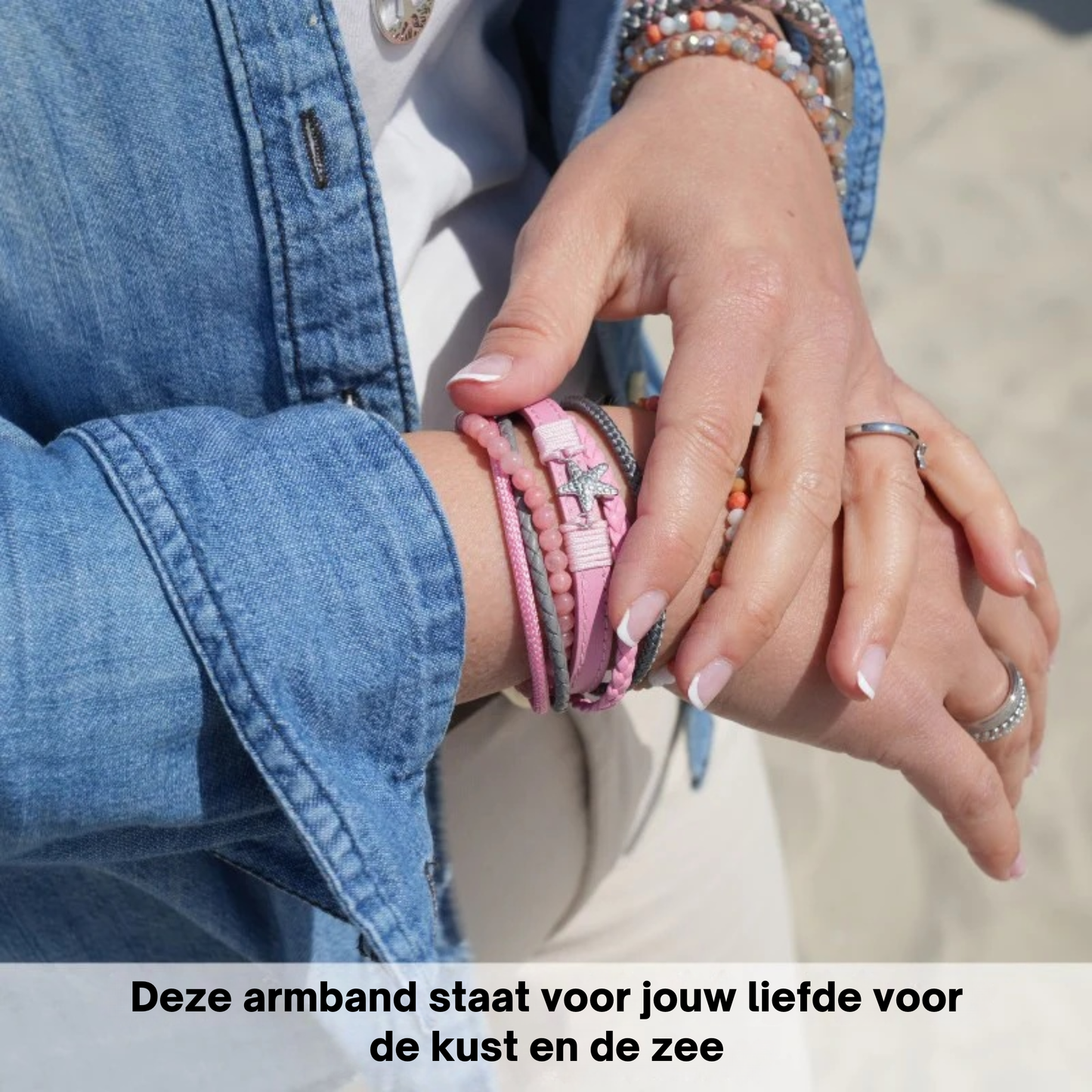 Armband Zeester | zeiltouw, leer & roze jade