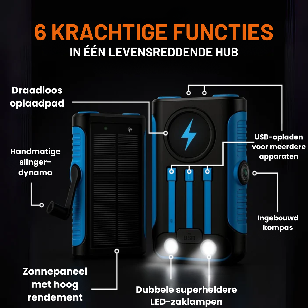 Draadloze Zonne-energie Powerbank met Oplaadhendel