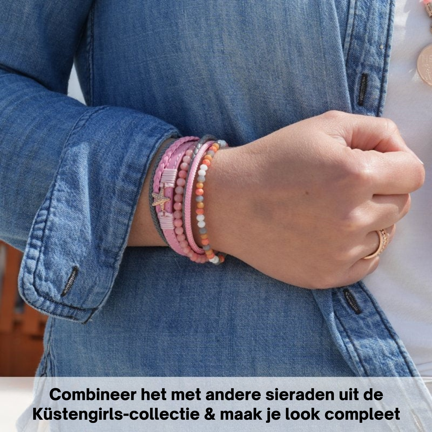 Armband Zeester | zeiltouw, leer & roze jade