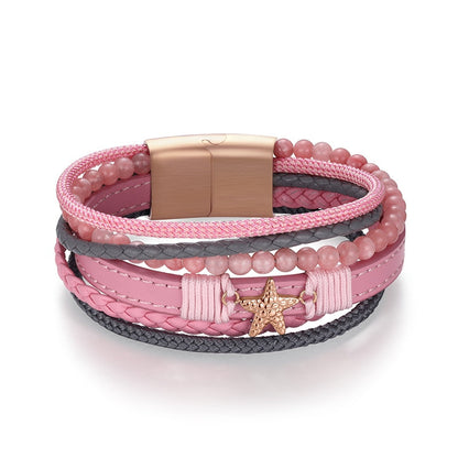 Armband Zeester | zeiltouw, leer & roze jade