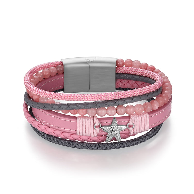 Armband Zeester | zeiltouw, leer & roze jade