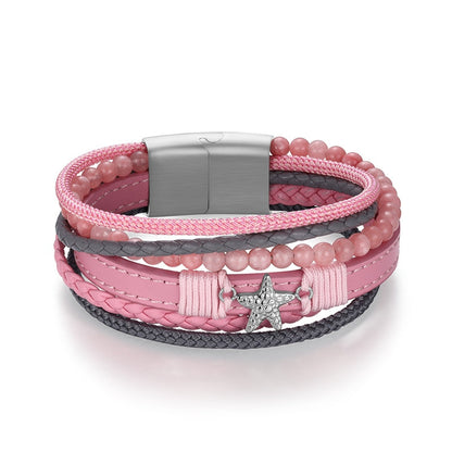 Armband Zeester | zeiltouw, leer & roze jade