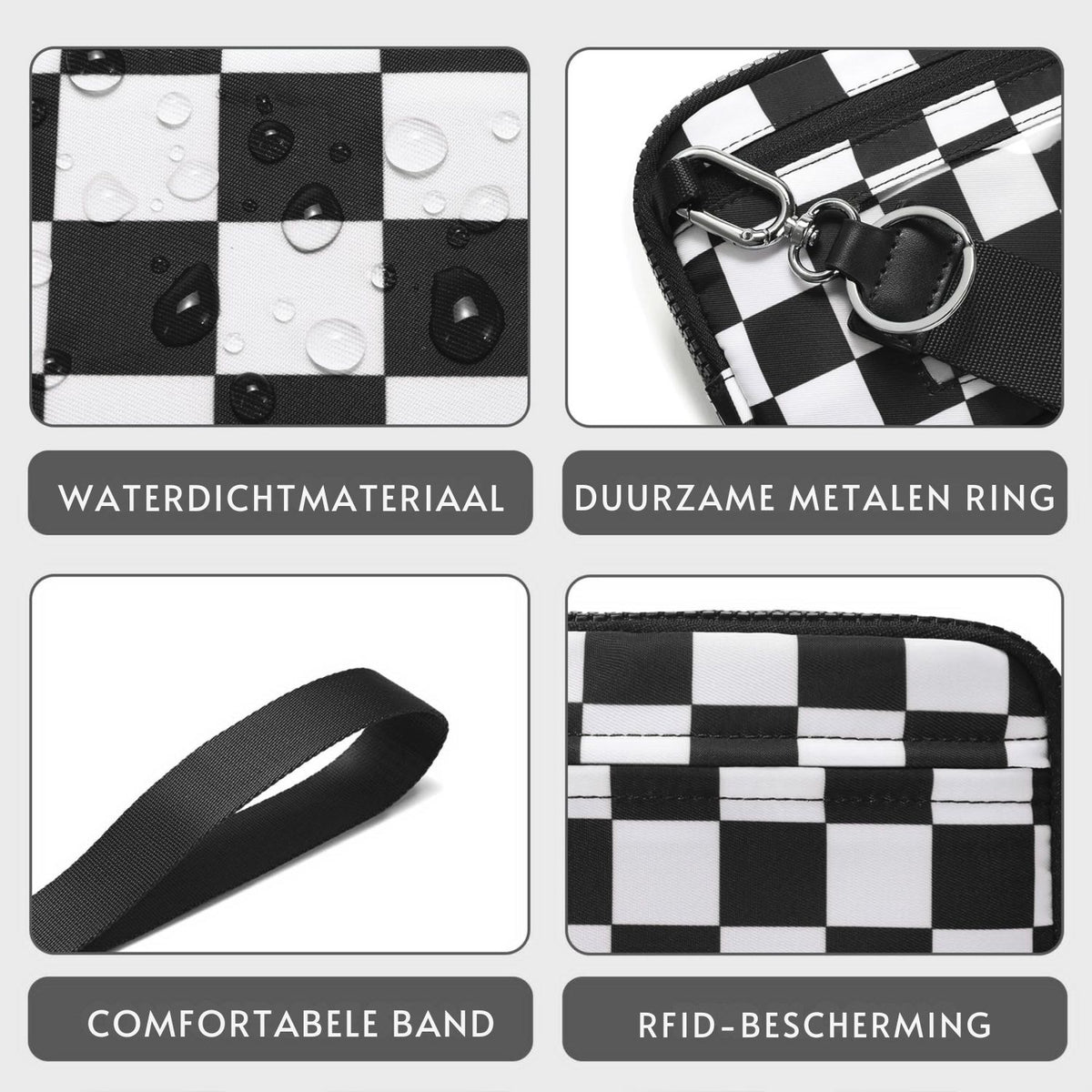 Gewatteerde nylon pols- en crossbody portemonneetas voor dames – kleine tas met 4 ritsvakken, RFID-bescherming en verstelbare schouderband