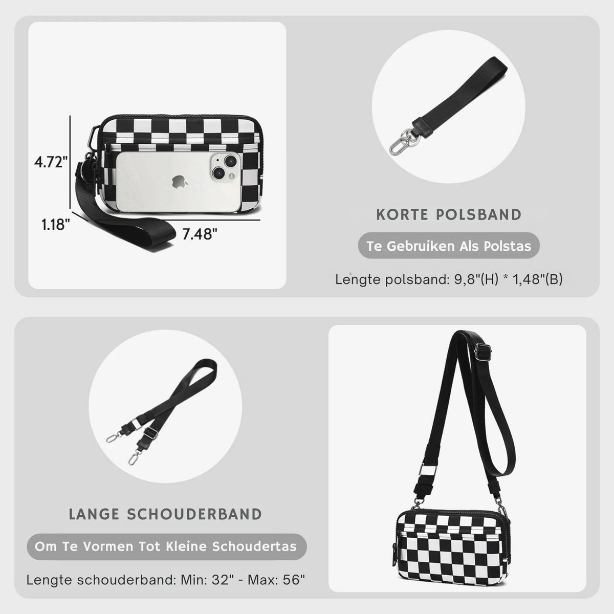 Gewatteerde nylon pols- en crossbody portemonneetas voor dames – kleine tas met 4 ritsvakken, RFID-bescherming en verstelbare schouderband