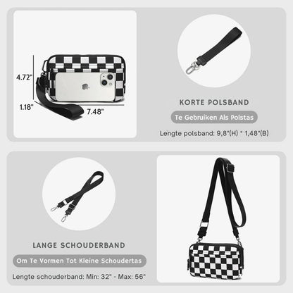 Gewatteerde nylon pols- en crossbody portemonneetas voor dames – kleine tas met 4 ritsvakken, RFID-bescherming en verstelbare schouderband