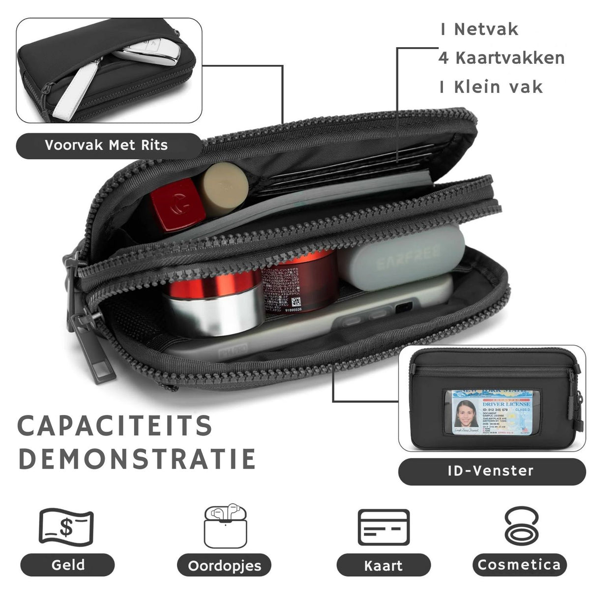 Gewatteerde nylon pols- en crossbody portemonneetas voor dames – kleine tas met 4 ritsvakken, RFID-bescherming en verstelbare schouderband