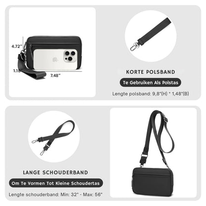 Gewatteerde nylon pols- en crossbody portemonneetas voor dames – kleine tas met 4 ritsvakken, RFID-bescherming en verstelbare schouderband