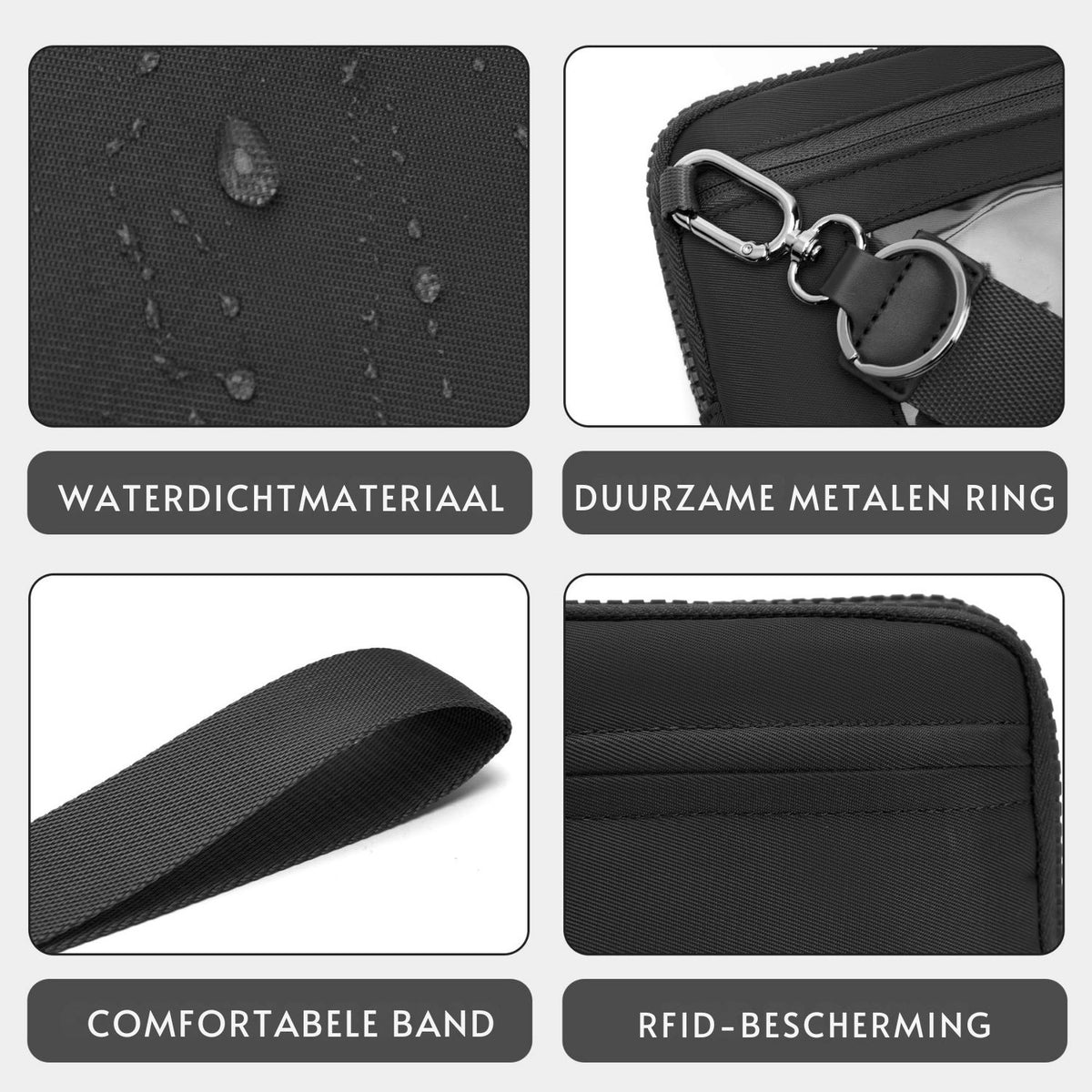 Gewatteerde nylon pols- en crossbody portemonneetas voor dames – kleine tas met 4 ritsvakken, RFID-bescherming en verstelbare schouderband