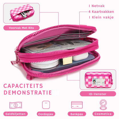 Gewatteerde nylon pols- en crossbody portemonneetas voor dames – kleine tas met 4 ritsvakken, RFID-bescherming en verstelbare schouderband