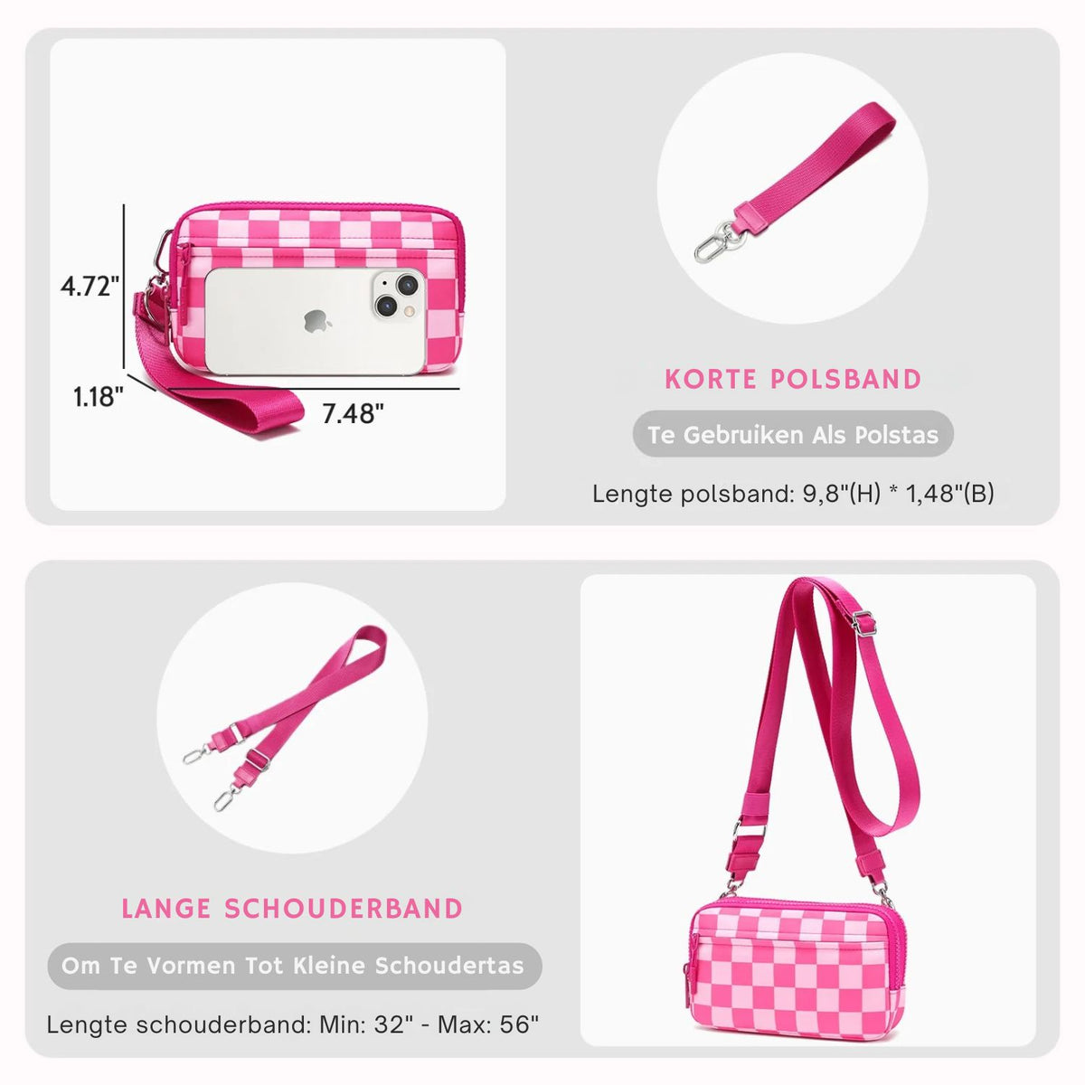 Gewatteerde nylon pols- en crossbody portemonneetas voor dames – kleine tas met 4 ritsvakken, RFID-bescherming en verstelbare schouderband
