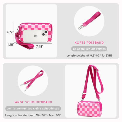 Gewatteerde nylon pols- en crossbody portemonneetas voor dames – kleine tas met 4 ritsvakken, RFID-bescherming en verstelbare schouderband