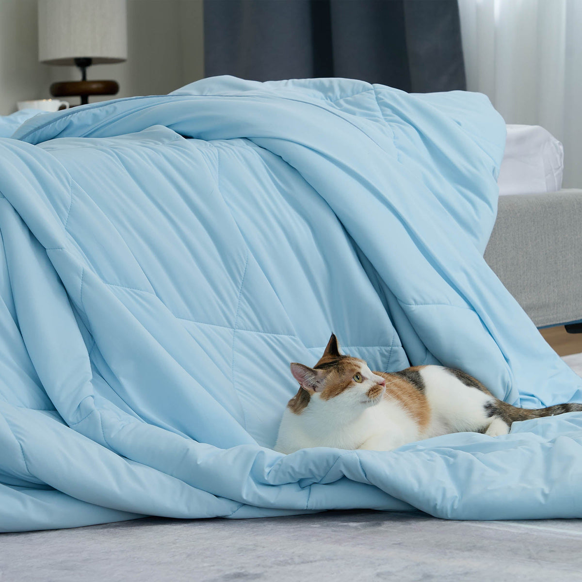 FURRFREE Super Cooling Comforter 2.0 – Geavanceerd koel beddengoed dat geen huisdierhaar vasthoudt; ideaal voor warme slapers en huisdiereigenaren.
