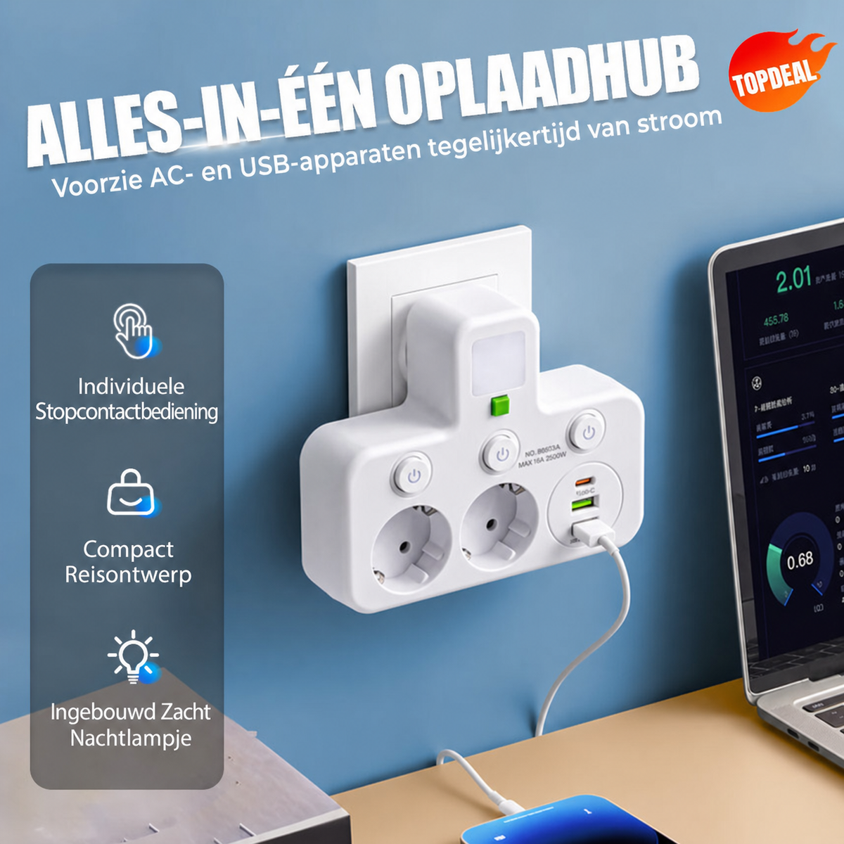 PowerHub | Wandstekker met 4 stopcontacten