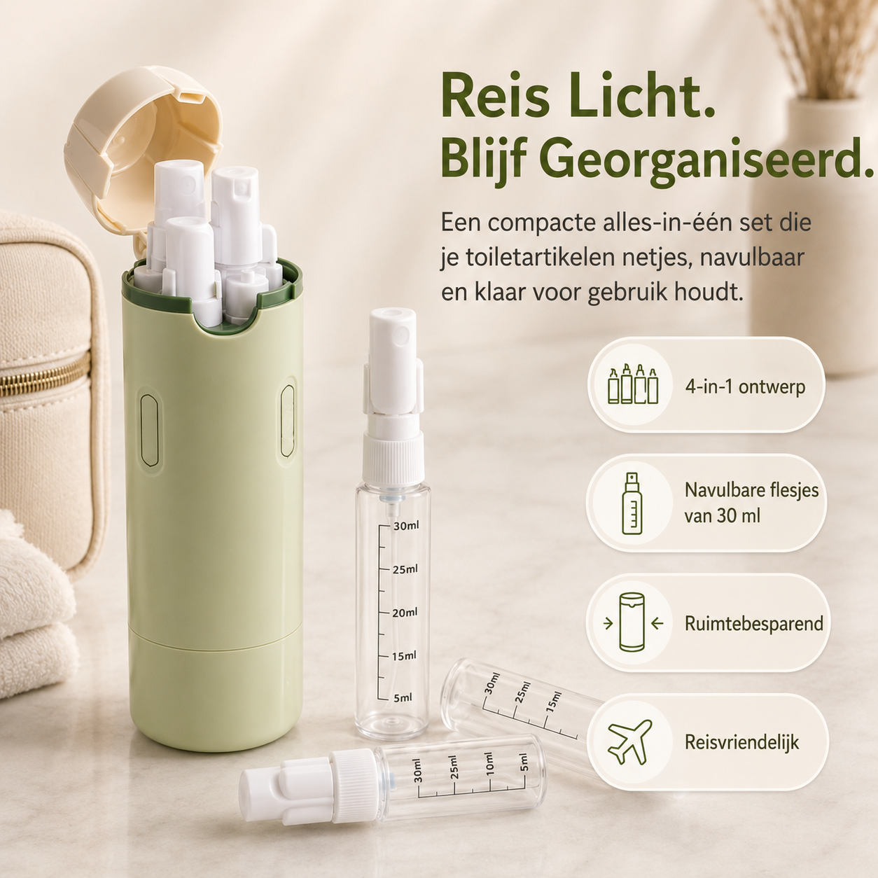 PourPod 4-in-1 doseerfles voor op reis
