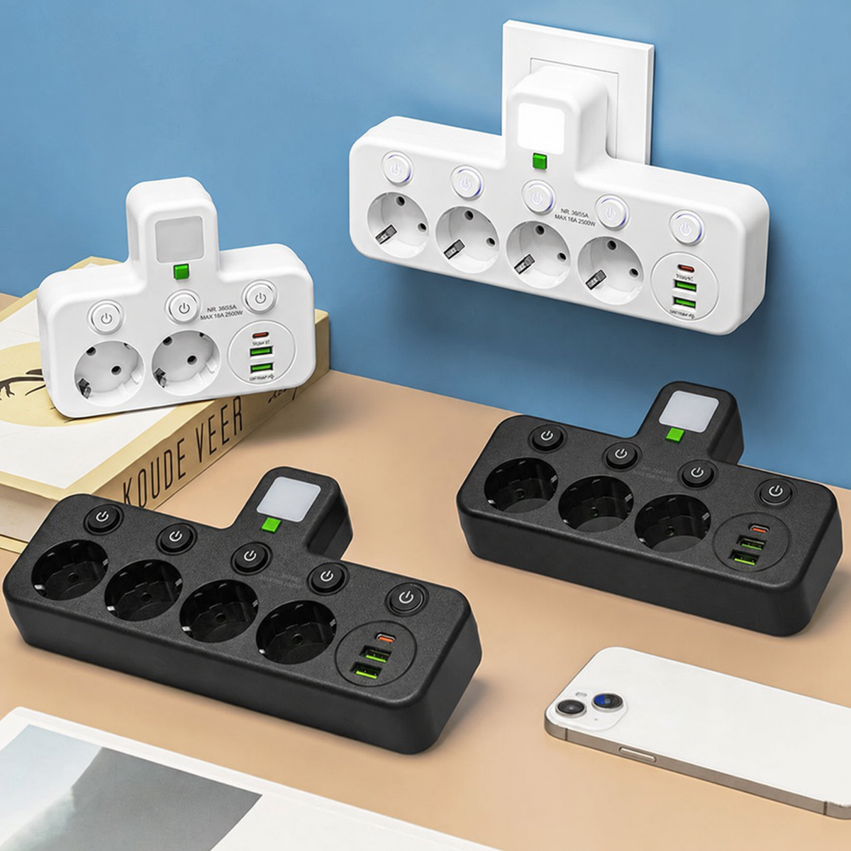 PowerHub | Wandstekker met 4 stopcontacten