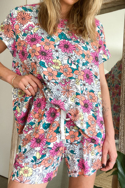 SoftEase | Ultracomfortabele Lounge & Slaap Set - Roze Perzik Bloemenprint