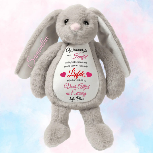 HuggleBunny Knuffelkonijn met Naam en Persoonlijke Boodschap – Het Perfecte Troost- en Cadeauknuffeltje