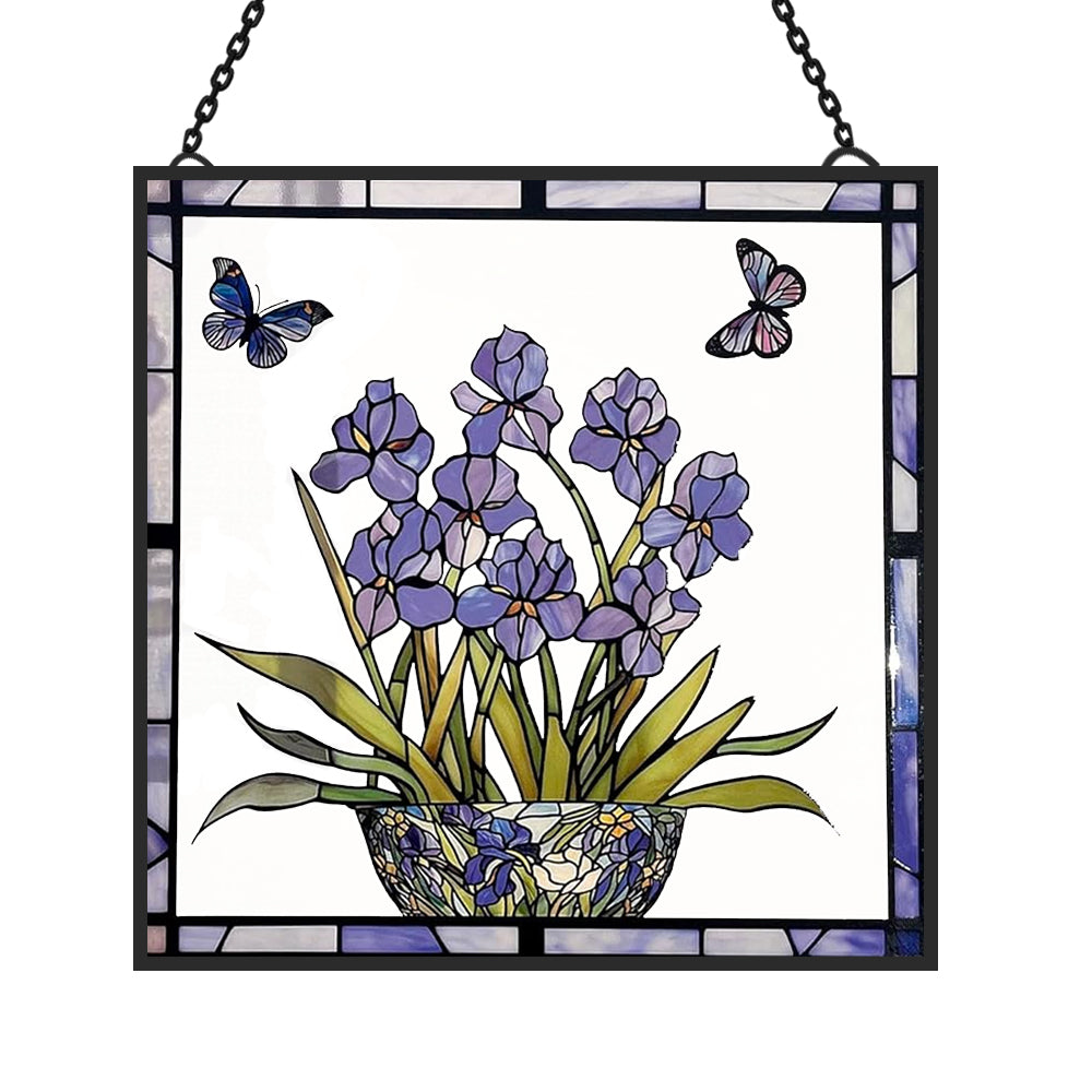 Glas-in-lood Zonvanger - Blauwe Iris en Vlinder