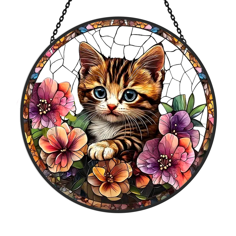 Glas-in-lood Zonvanger - Schattige Kat en Bloemen