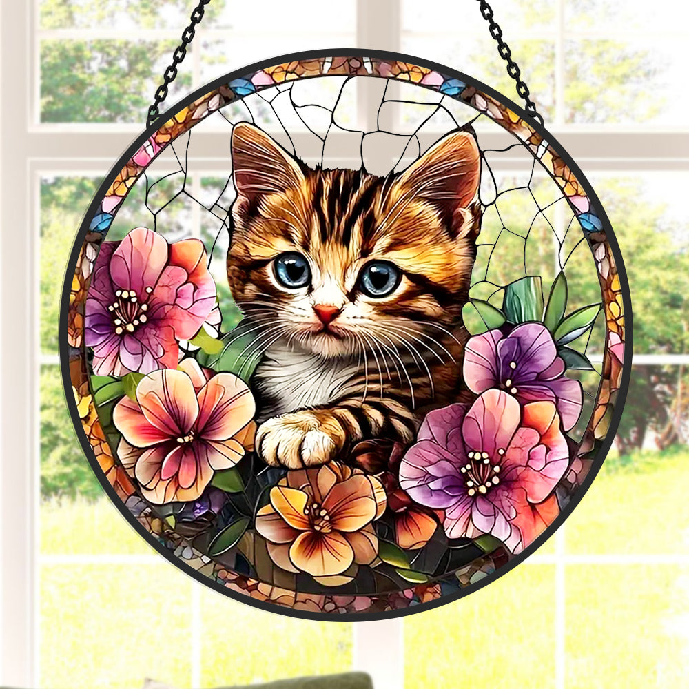 Glas-in-lood Zonvanger - Schattige Kat en Bloemen