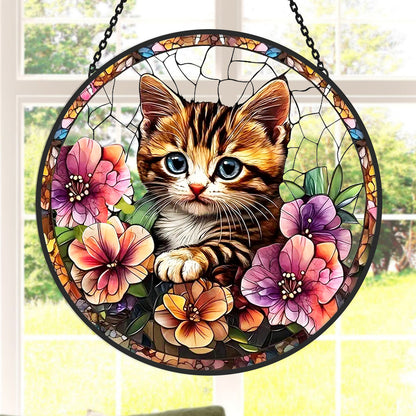 Glas-in-lood Zonvanger - Schattige Kat en Bloemen