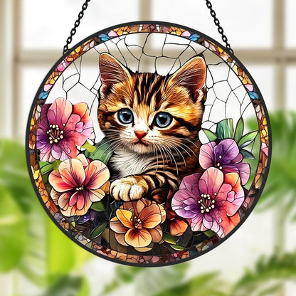 Glas-in-lood Zonvanger - Schattige Kat en Bloemen