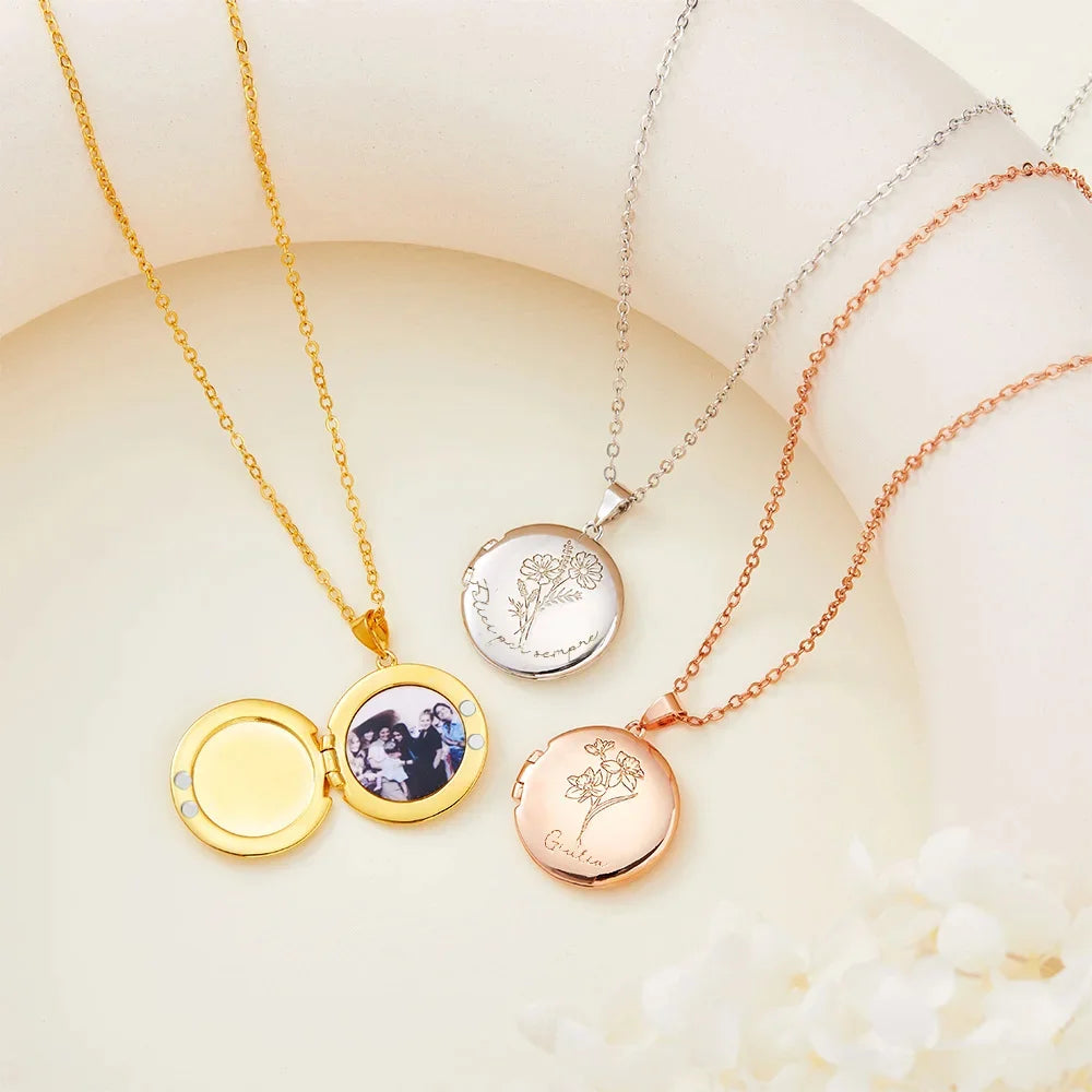 Gepersonaliseerde Geboortebloem Foto Medaillon Ketting – Gegraveerde Naam, Perfect Verjaardag of Jubileumcadeau