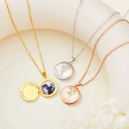Gepersonaliseerde Geboortebloem Foto Medaillon Ketting – Gegraveerde Naam, Perfect Verjaardag of Jubileumcadeau