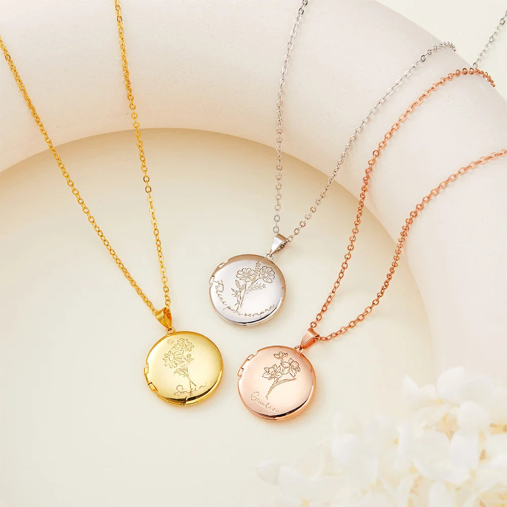 Gepersonaliseerde Geboortebloem Foto Medaillon Ketting – Gegraveerde Naam, Perfect Verjaardag of Jubileumcadeau