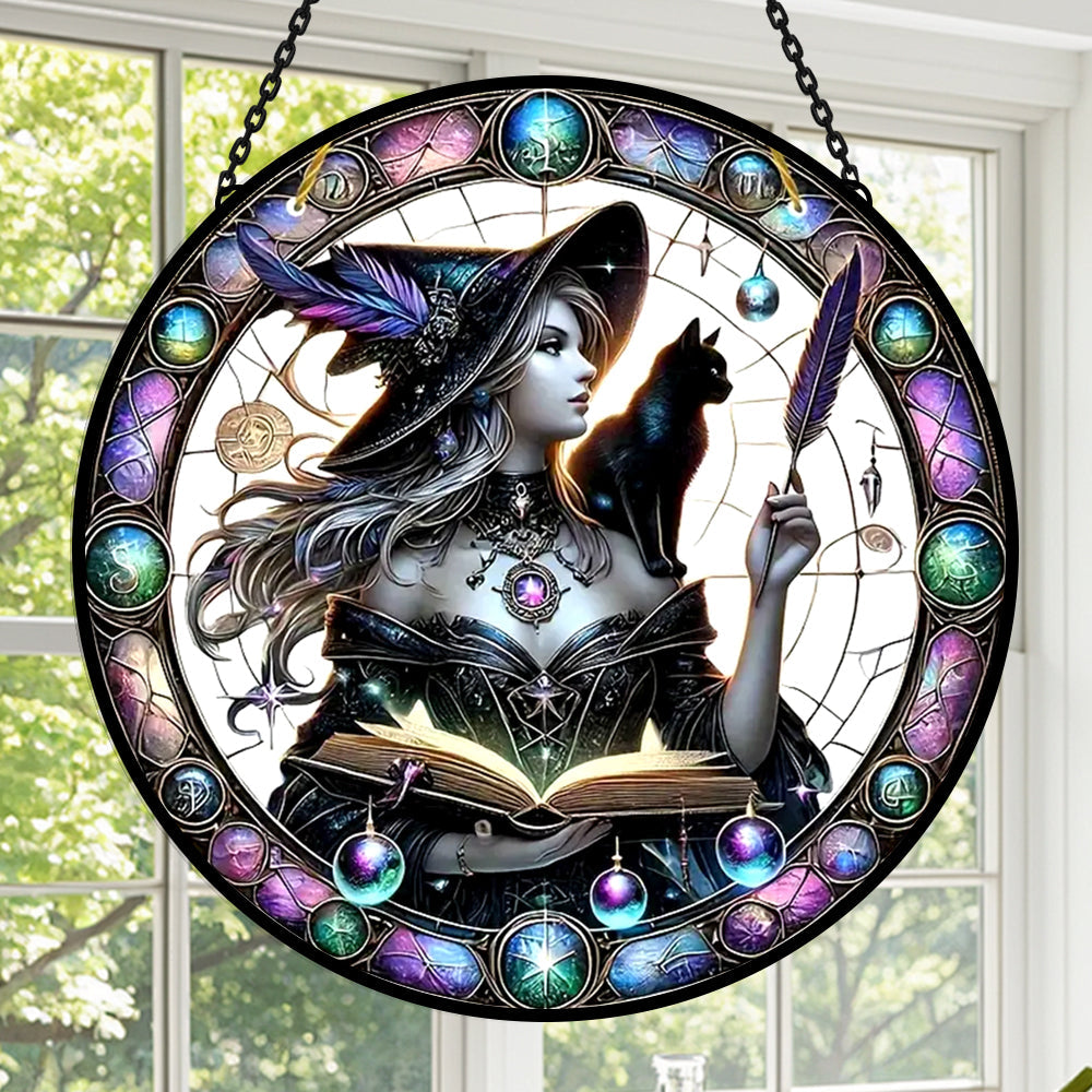 Glas-in-lood Zonvanger - Halloweenheks en Zwarte Kat